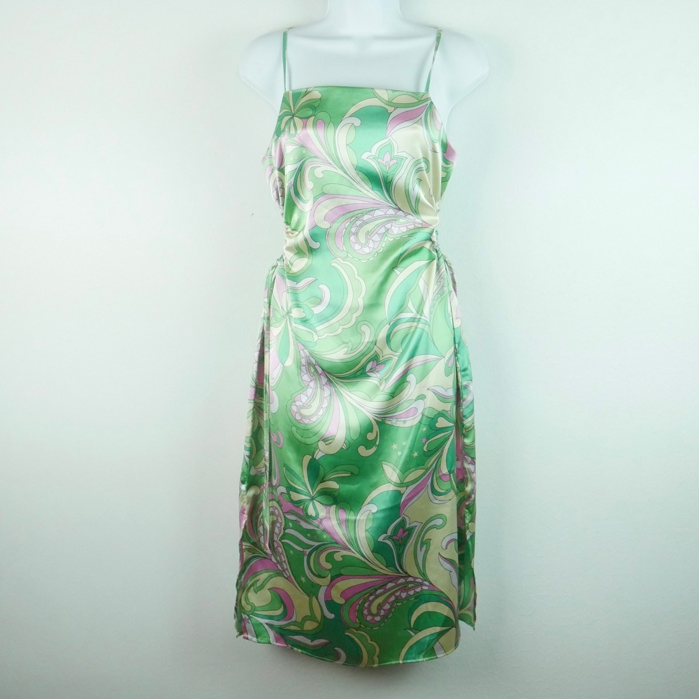 Christian Lacroix Paisley Satin Ruched Midi Dress Small Side Tie Y2K Retro‎ Glam